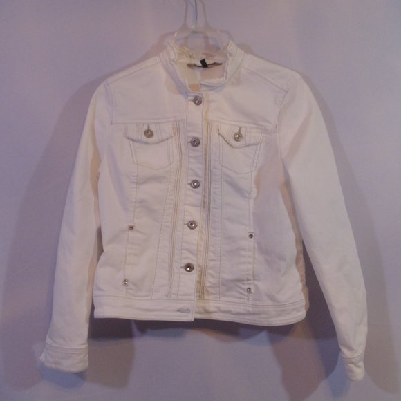 Baccini Jackets & Blazers - BACCINI White Stretch Denim Jean Jacket W/ Blingy Buttons Size Large